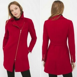 White House Black Market Red Coat Asymmetrical Zip Sleeve Zippers Women's XS EUC